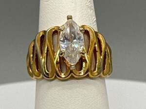 Vargas 18KT GE Marquise Solitaire Rhinestone Ring Cocktail Statement Signed Vtg